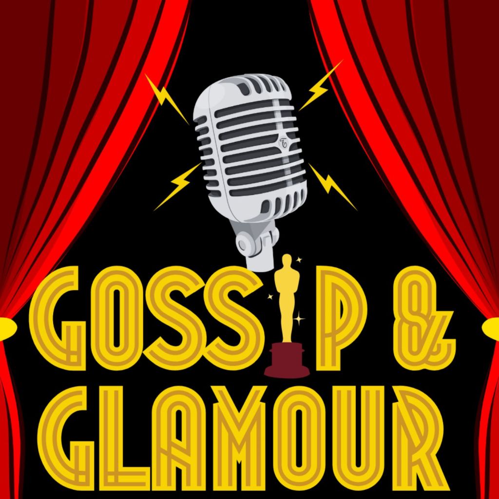 Gossip and Glamour Podcast logo with a radio mic, red theatre curtains, and the podcast title.
